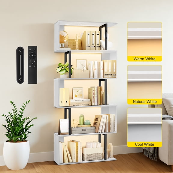 OUTONLIFE 6-Tier Bookshelf with LED Lights, Modern White Geometric Bookcase, Freestanding Wooden S-Shelf Storage Display shelves for Living Room, Office, Bedroom