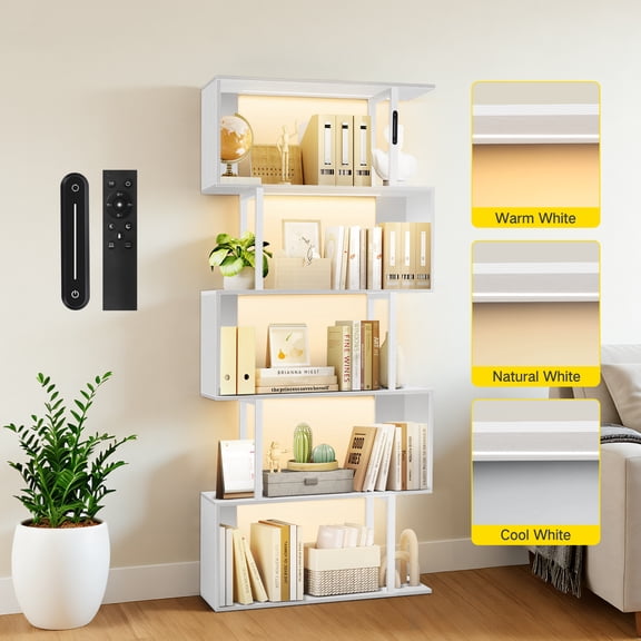 OUTONLIFE 6-Tier Bookshelf with LED Lights, Modern White Geometric Bookcase, Freestanding Wooden S-Shelf Storage Display shelves for Living Room, Office, Bedroom
