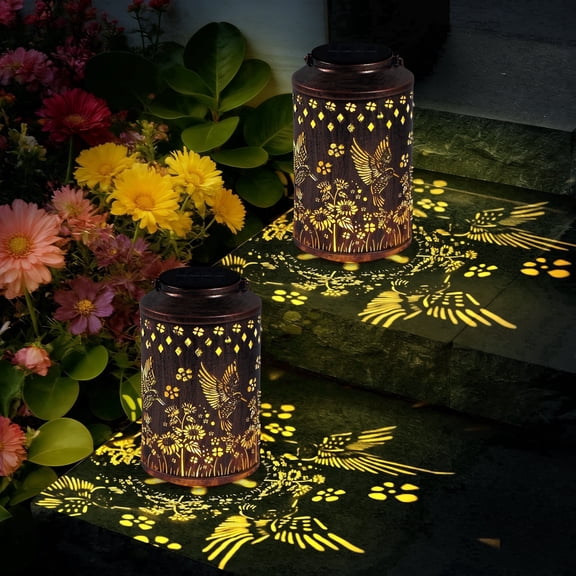 OUTONLIFE Solar Lantern Outdoor Waterproof Decorative Hanging Metal LED Light Hollowed-Out Design for Walkway Garden Patio Yard 2-Pack (Hummingbird)
