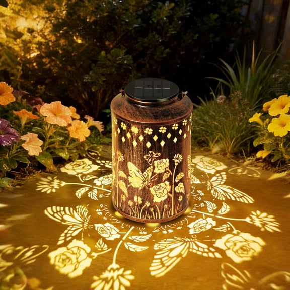 OUTONLIFE Outdoor Solar Hanging Lantern Lights Metal LED Decorative Light for Garden Patio Yard Lawn and Tabletop with Hollowed-Out Design(Butterfly)