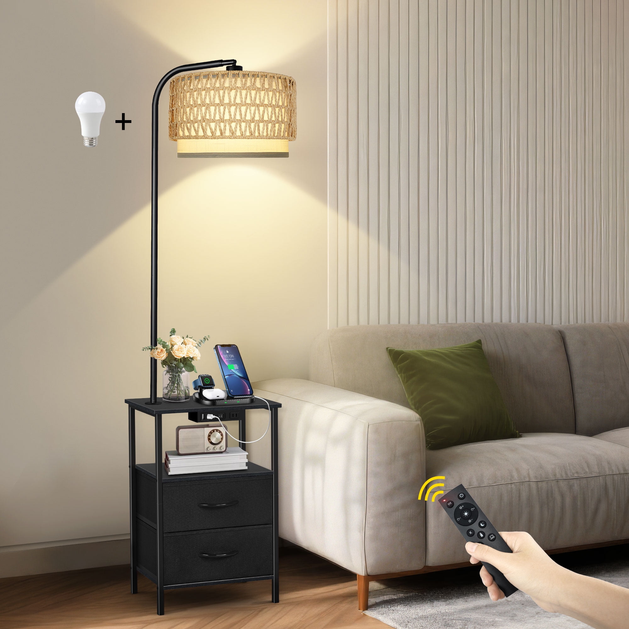 OUTONLIFE Floor Lamp with Table for Bedroom Living Room, End Table with 2 Drawers , Lamp with USB Port and Outlet, 3 Color Led Bulb Included, Black