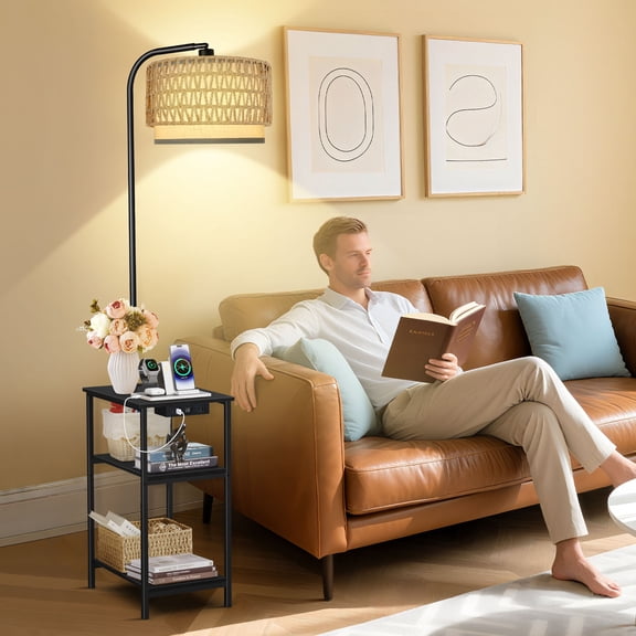 OUTONLIFE Rattan Floor Lamp with Table for Living Room with USB & Type C Charging Station, End Table Lamp with 3-Color Temperature LED Bulb for Bedroom, Black