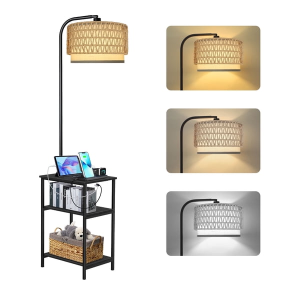 OUTONLIFE Rattan Floor Lamp with Table for Living Room with USB & Type C Charging Station, End Table Lamp with 3-Color Temperature LED Bulb for Bedroom, Black