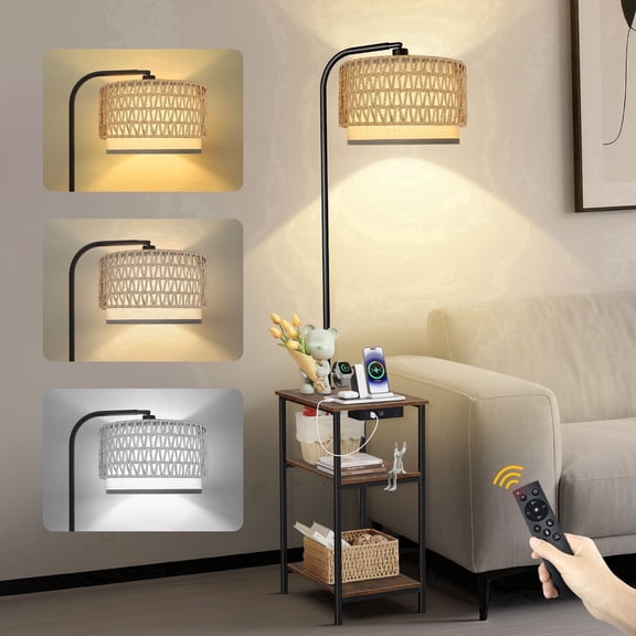 OUTONLIFE Rattan Floor Lamp with Table for Living Room with USB & Type C Charging Station, End Table Lamp with 3-Color Temperature LED Bulb for Bedroom, Brown