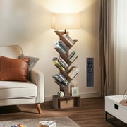 OUTONLIFE Tree Bookshelf with Light, 6-Tier Floor Standing Bookcase with Drawer for Living Room Bedroom, Office, Walnut