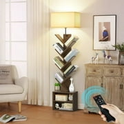 OUTONLIFE Tree Bookshelf with Light, 6-Tier Floor Standing Bookcase with Drawer for Living Room Bedroom, Office, Walnut