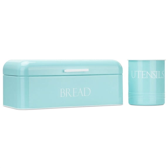 OUTSHINE Vintage Metal Bread Box & Kitchen Utensil Holder Set, Mint | Large Bread Box w/Swing Up Lid | Farmhouse Bread Box & Utensil Holder for Countertop | Kitchen Decor | Housewarming Gift