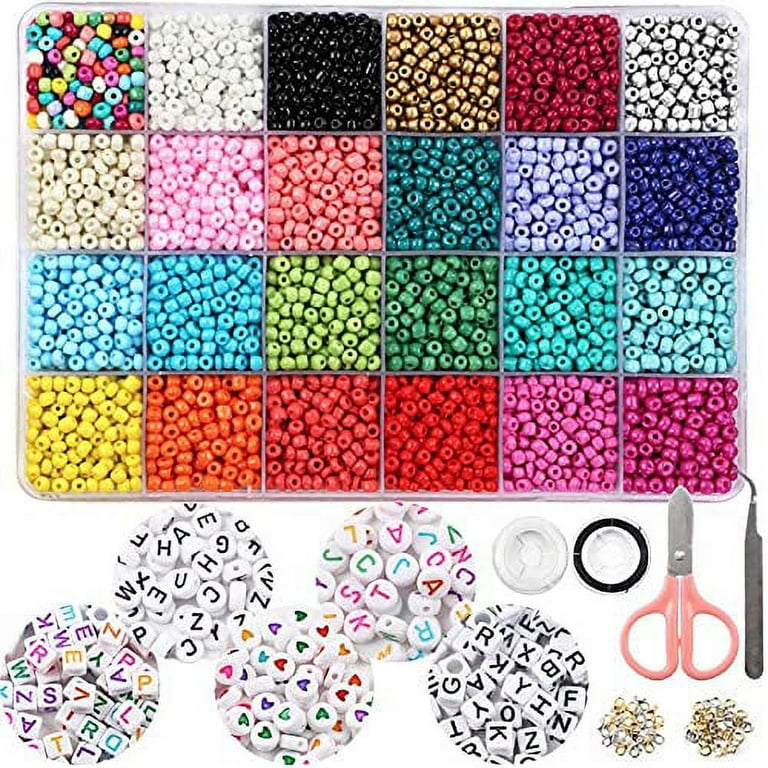 Outuxed 7200pcs 4mm Glass Seed Beads and 300pcs Alphabet Letter Beads for Bracelets Jewelry Making and Crafts with Elastic
