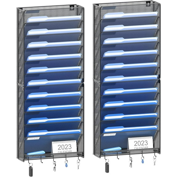 2Pack 12 Tier Hanging Wall File Organizer with Hooks, Vertical Wall Mount File Folder Holder, Paper Document Mail Organizer for Office