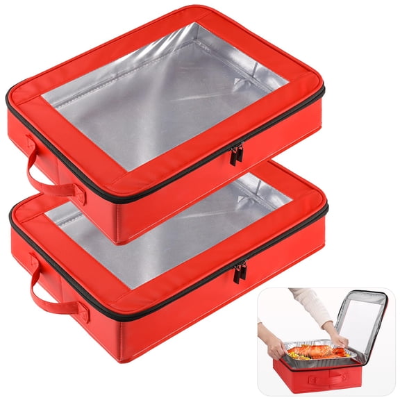 OUTXE 2 Pack 9x13 in Foil Pan Carrier Lid, PU Leather Foil Pan Holder Handle, Serving Tray for Food, Stackable Aluminum Pan Holder, for Travel, Potlucks, Parties, BBQ, Picnics, Home (Red) A101