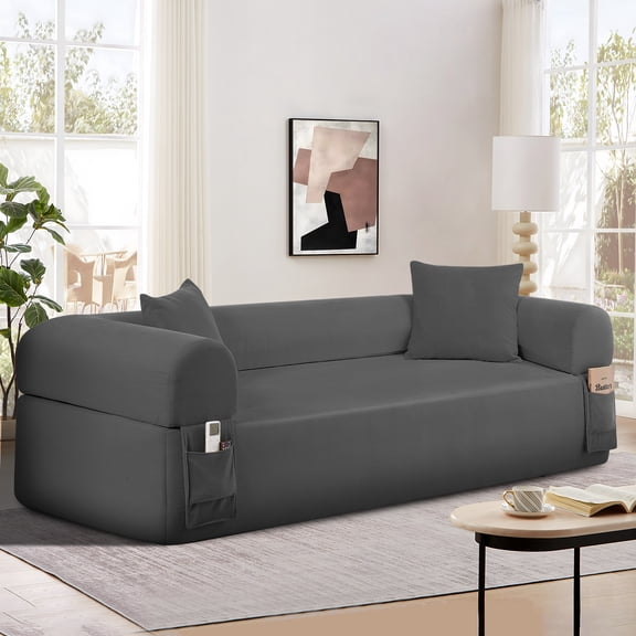 OUUI 83" Boneless Couch – 3-Seater Corduroy Sofa with 2 Matching Pillows, Side Storage Pockets & Removable Armrests, No Assembly Required, Floor Sofa for Living Room, Apartment, Office