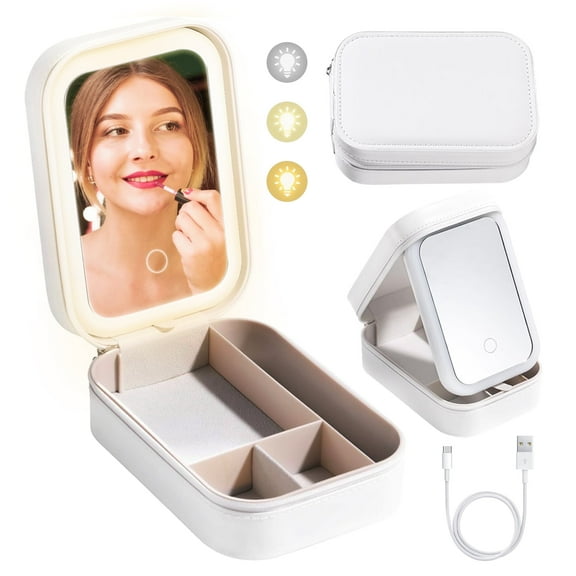 OUWALD Makeup Bag With Led Mirror, Travel Makeup Case with 3-Color Adjustable Light Mirror, 1200mAh Rechargeable LED Makeup Mirror Organizer Bag, Portable Make up Case for Women Gift