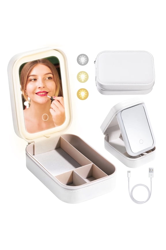 Makeup Bag With Led Mirror, Travel Makeup Case with 3-Color Adjustable Light Mirror, 1200mAh Rechargeable LED Makeup Mirror Organizer Bag, Portable Make up Case for Women Gift
