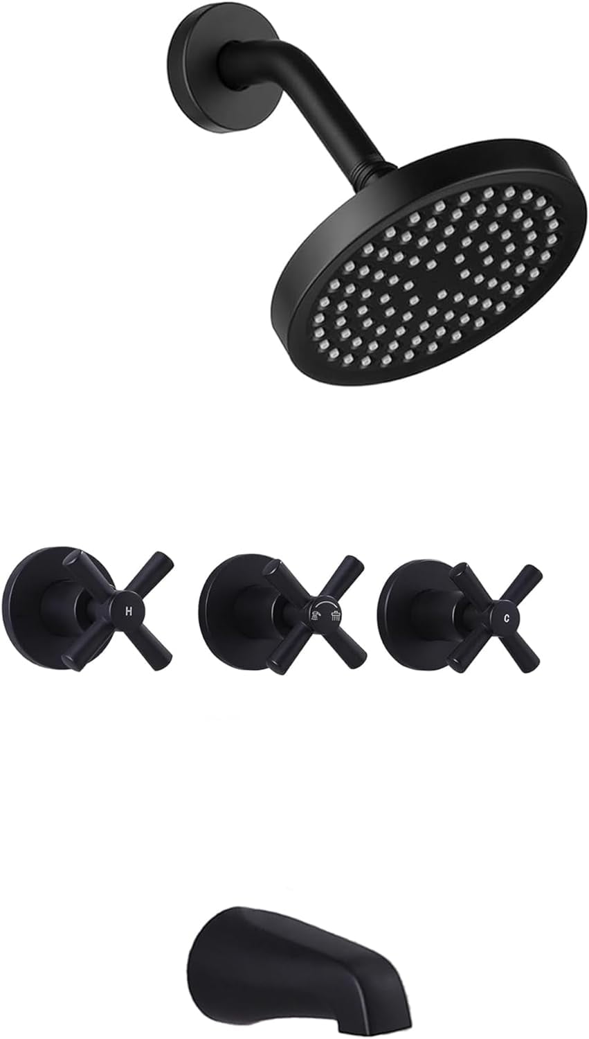 OUWI 3 Handle Tub Shower Faucet, Matte Black Three Handles Shower