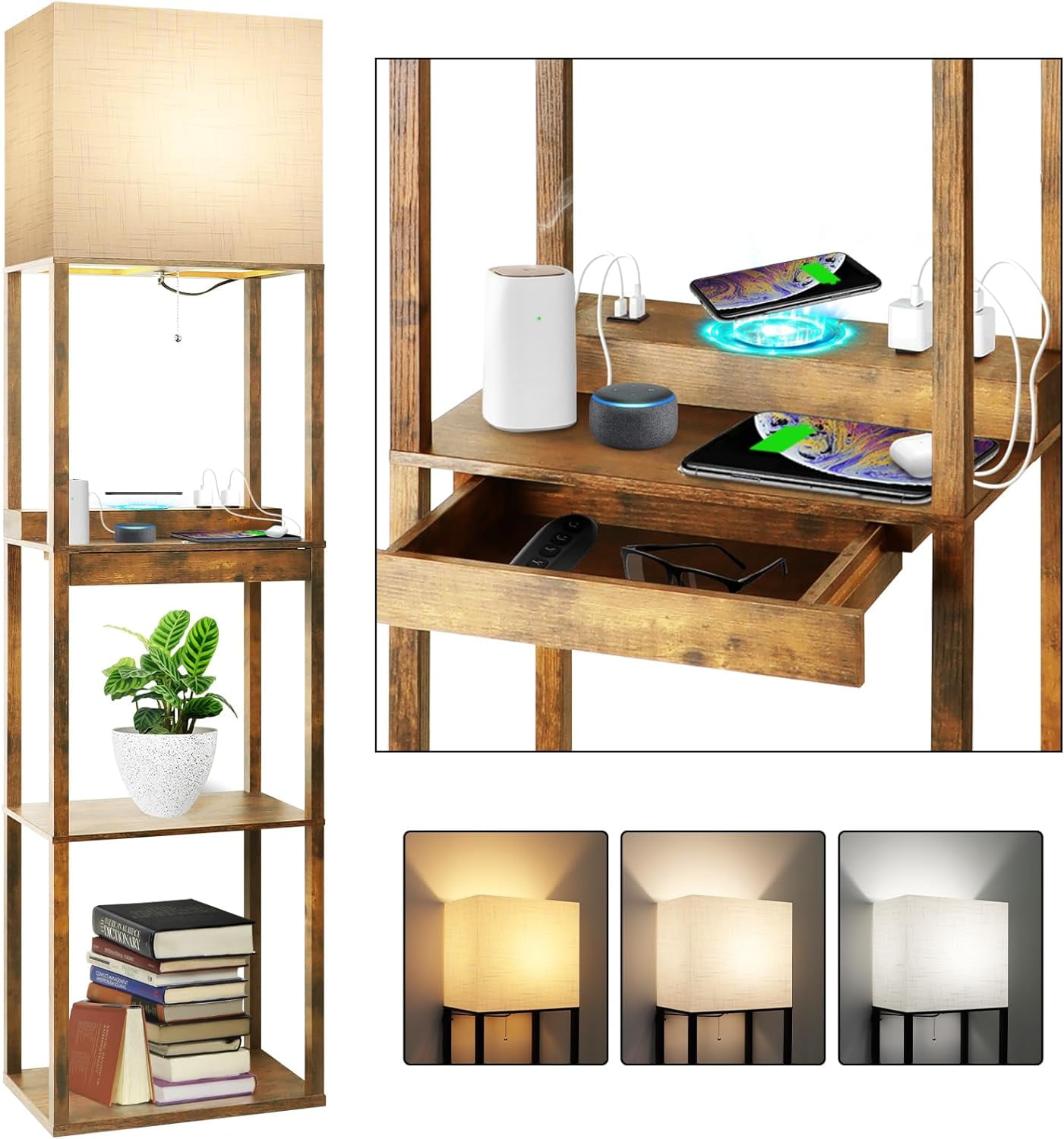 OUWI Floor Lamp with Shelves, Plus Shelf Lamp with Wireless Charger, 2
