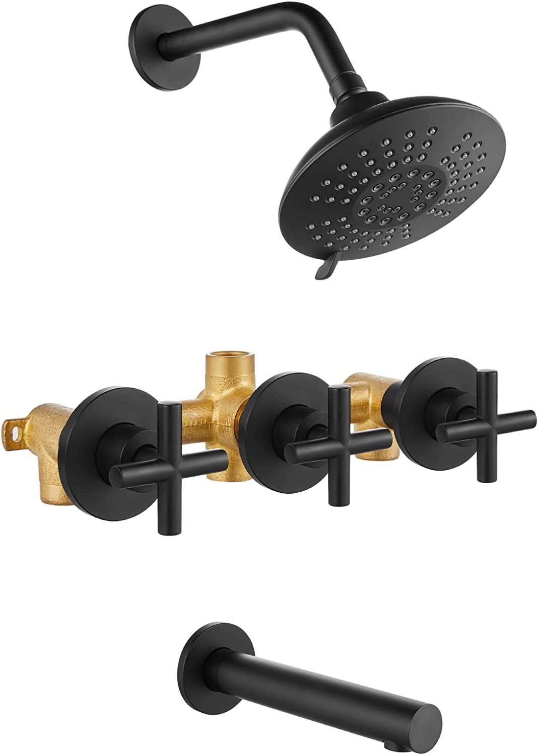 OUWI Matte Black 3 Handles Tub Shower faucet set with Tub Spout Wall