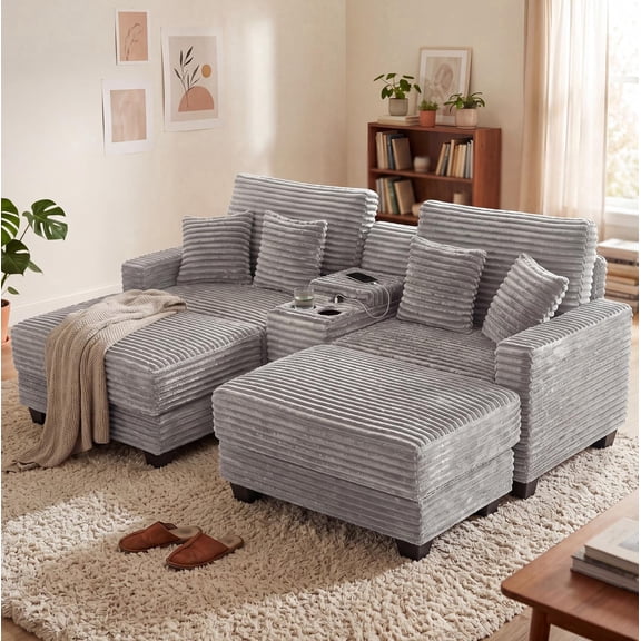 Wiilayok U Shaped Sectional Sofa Couch,Convertible Modular Cloud Sofa Set with Ottoman,Central Console,Cup Holder, Adjustable Backrest for Living Room,Light Gray