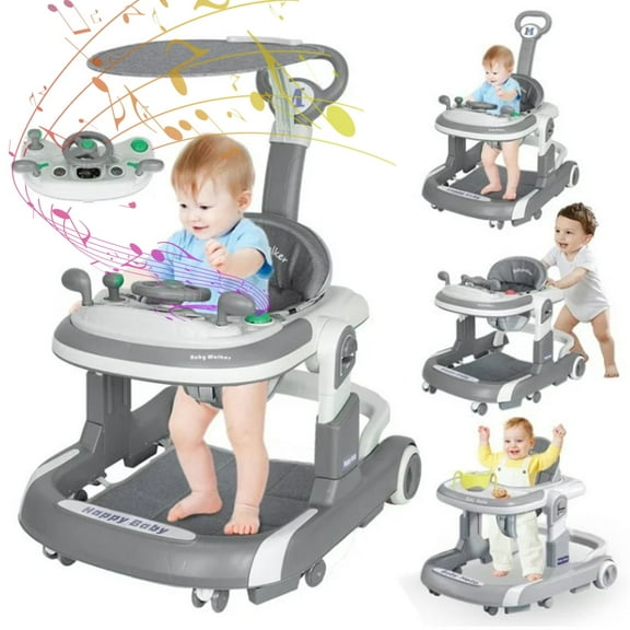 OUYI 4-in-1 Foldable Baby Walker & Activity Center for 6 - 36 Months Baby Boys & Girls, with Toys Tray & 4-Gear Height Adjustment(Jazz Grey)