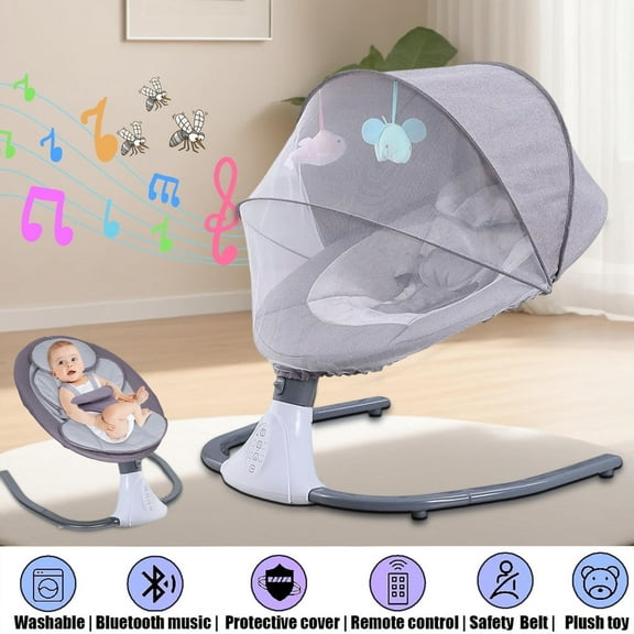 OUYI Baby Swing for 0-24Months - USB/Bluetooth, 4-Speed, 5-Point Harness, Remote Control, Portable (Grey)
