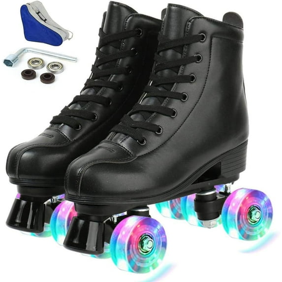 OUYI Flash Wheels Classic High-Top Roller Skates, With a Skate Bag Included, Black, Women's 8.5 & Men's 7