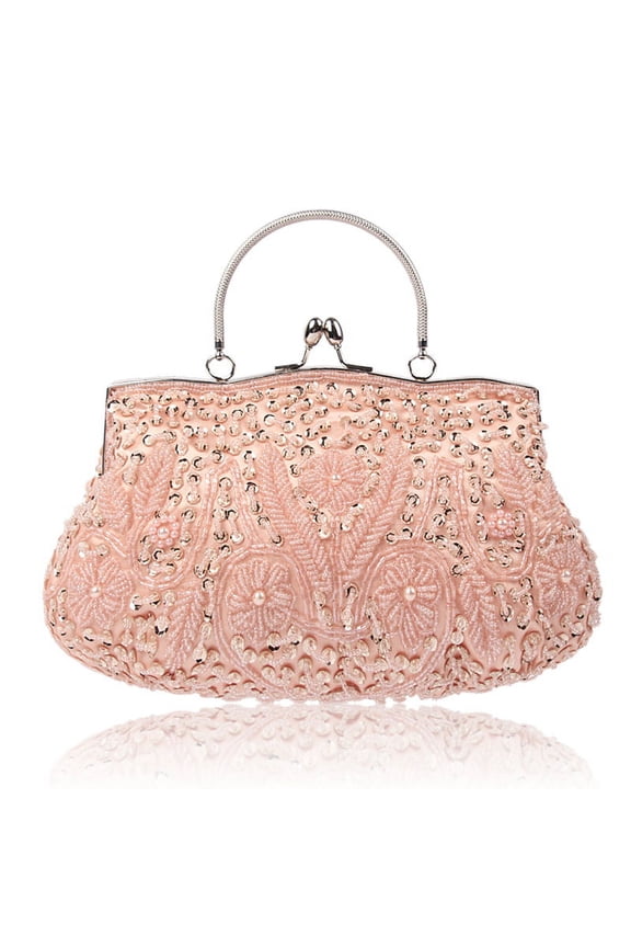 Floral Beaded Clutch: Handmade Evening Bag with Magnetic Snap & Strap for Women’s Events (Champagne)