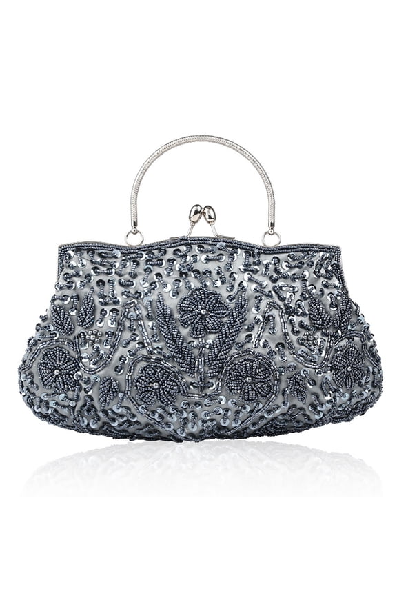Floral Beaded Clutch: Handmade Evening Bag with Magnetic Snap & Strap for Women’s Events (Gray)