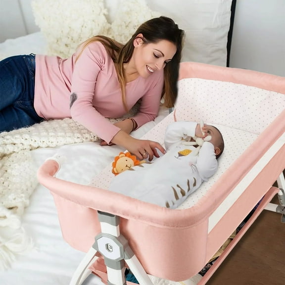 OUYI High-Carbon Steel Baby Crib: 4-in-1 bedside crib with storage basket, wheels, changing table and adjustable cradle (HCS pink A SET)