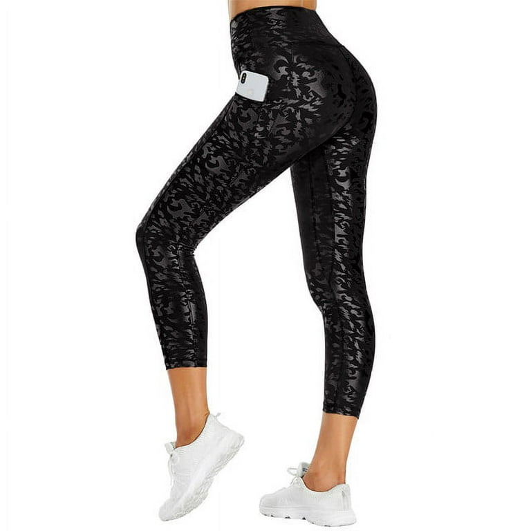 OUYISHANG Women's Shiny 7/8 Yoga Pants with Pockets High Waisted Workout  Running Capri Leggings M 