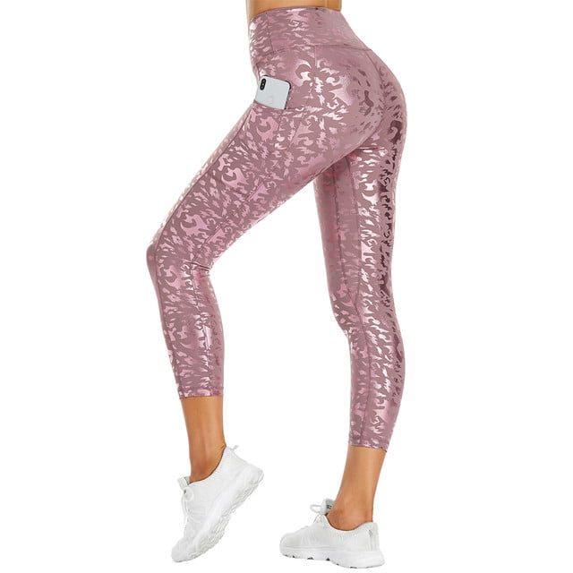 OUYISHANG Women's Shiny 7/8 Yoga Pants with Pockets High Waisted Workout  Running Capri Leggings S 