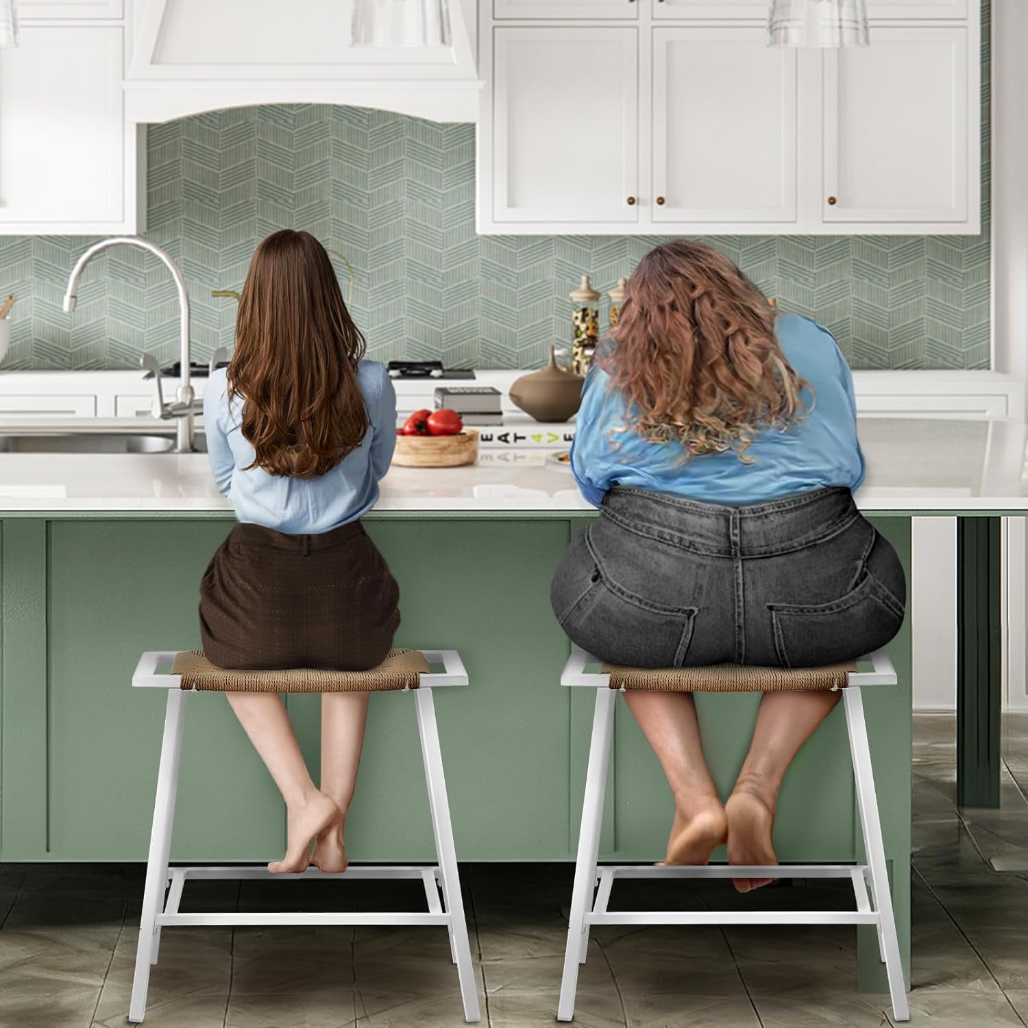 OUllUO 25" White Bar Stools Set of 2, Backless Counter Height Saddle