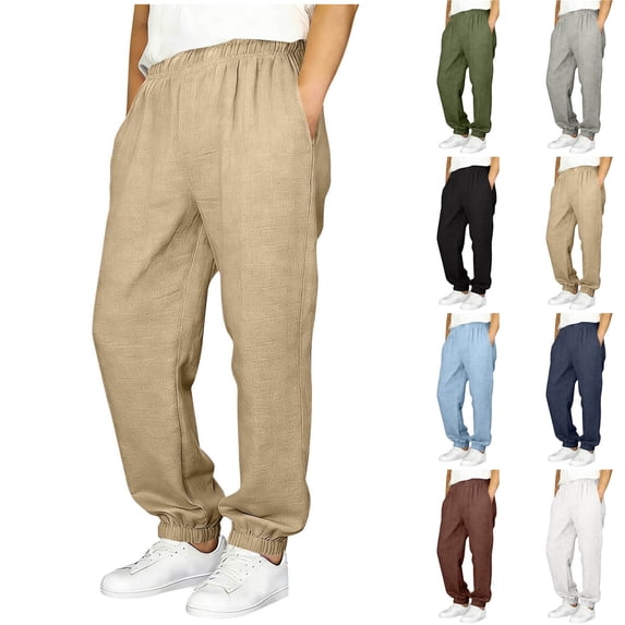 OVAFBAU Boys Sweatpants Linen Cotton Like Boys Long Athletic with Pockets Elastic Solid Pants