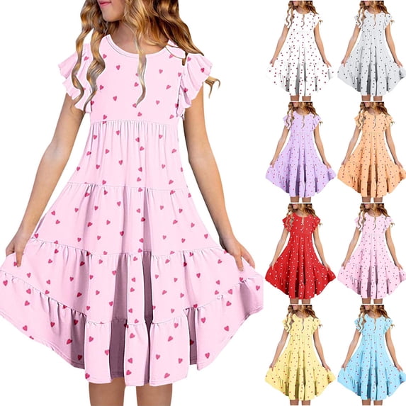 OVAFBAU Girls Dresses Summer Outfits Heart Graphic Short Sleeve Ruffle Sleeve Waist Pocket Sundress