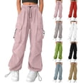 thumbnail image 1 of OVAFBAU Girls Wide Leg Cargo Pants Solid Cargo Pants Summer Elastic Waist With Pockets Pants Pants, 1 of 8
