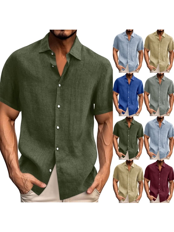 Men's Linen Shirts Short Sleeve Button Down Shirt Men Shirt Collared Cotton Linen Casual Button Tops