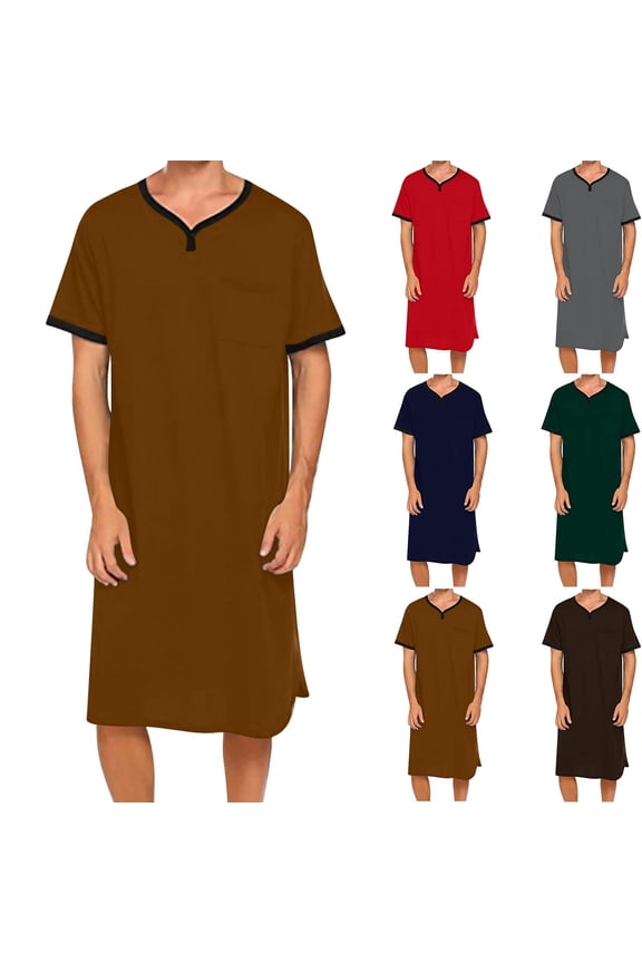 Men's Nightshirts Sleep Shirt Nightgown Men's Short Sleeve V-Neck Extended Length Robe Loose Loungewear Sleepwear