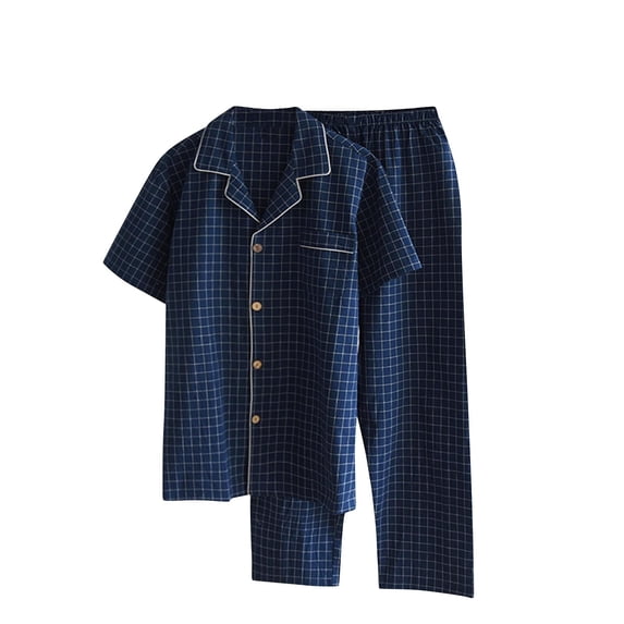 OVAFBAU Men's Pajama Set Button Down Pjs Set Men's Button Casual Collared Short Sleeve Long Pants 2 Piece Set Sleepwear