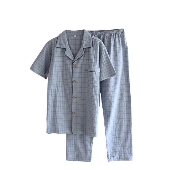 OVAFBAU Men's Pajama Set Button Down Pjs Set Men's Button Casual Collared Short Sleeve Long Pants 2 Piece Set Sleepwear