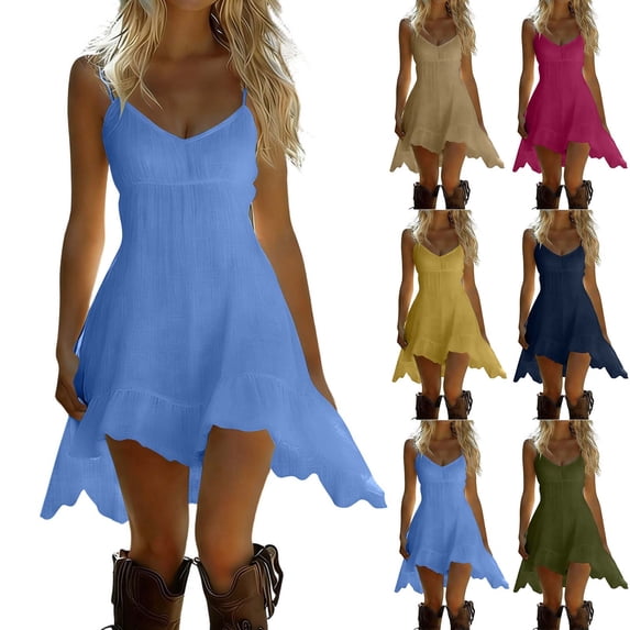 OVAFBAU Summer Dresses for Women Solid Linen Ruffled Sling Strap Long Length Elegant Summer Dress Summer Outfits