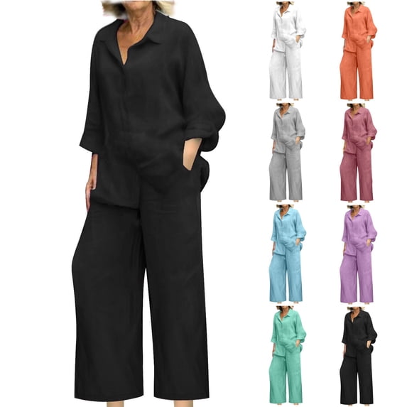 OVAFBAU Women 2 Piece Loungewear Set Beach Vacation Sweatsuit Tracksuit Set Summer V Neck Loose Collared Long Sleeve Shirt Wide Leg Set Summer Outfits