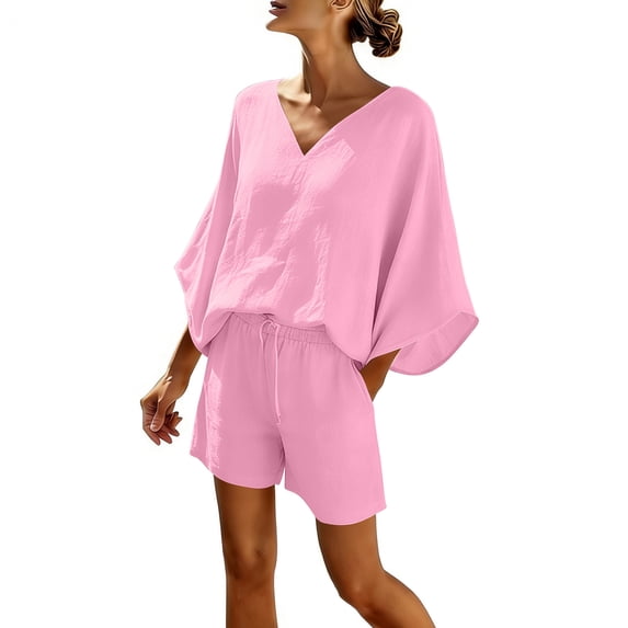 OVAFBAU Women 2 Piece Loungewear Set Beach Vacation Sweatsuit Tracksuit Set Women's Summer V Neck Short Sleeve Top Pocket Casual Shorts Set Summer Outfits