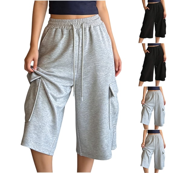 OVAFBAU Women's Capris Pants Lounge Pants Athletic 7/8 Loose Wide Leg with Drawstring for Running Sports Pants