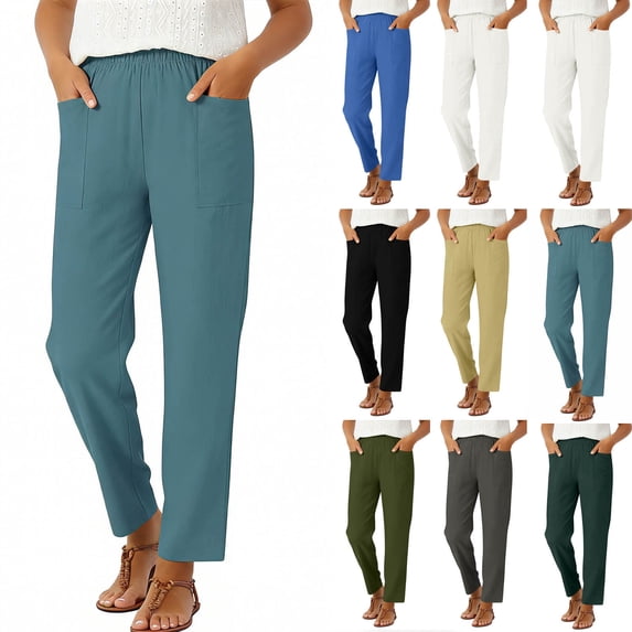 OVAFBAU Women's Straight Leg Pants Ruched Elastic Waist Linen Pocket Casual Long Pants