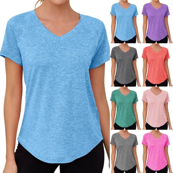OVAFBAU Womens Short Sleeve T Shirts Athletic V-Neck T-Shirt Short Sleeve Raglan Loose Quickly Dry Back Slit Tops Summer Tops