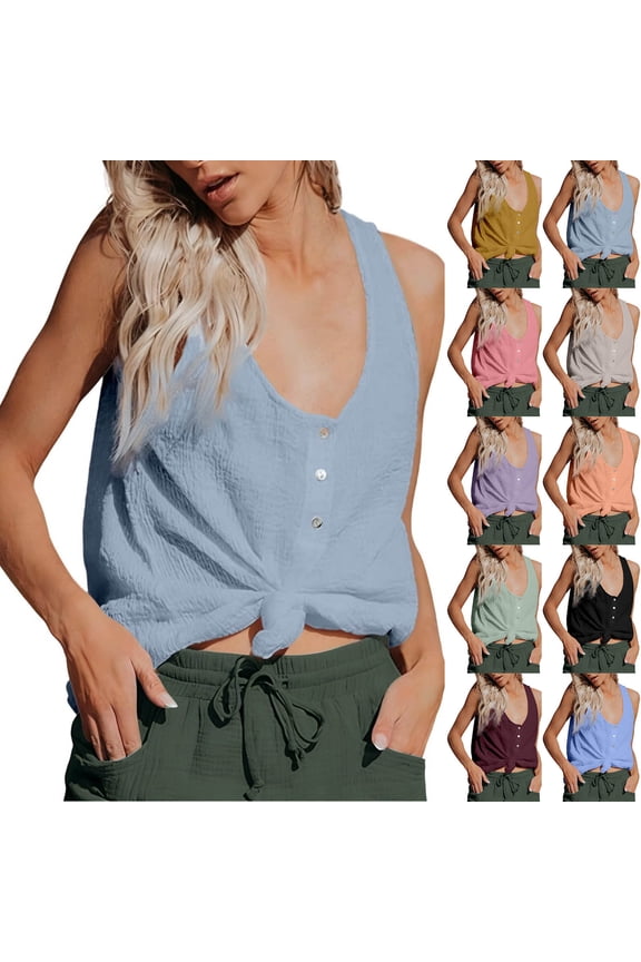 Womens Tank Tops Sleeveless Tshirt Undershirt Crew Neck Double Layer Ruffled Button Cardigan Tank Tops Summer Tops