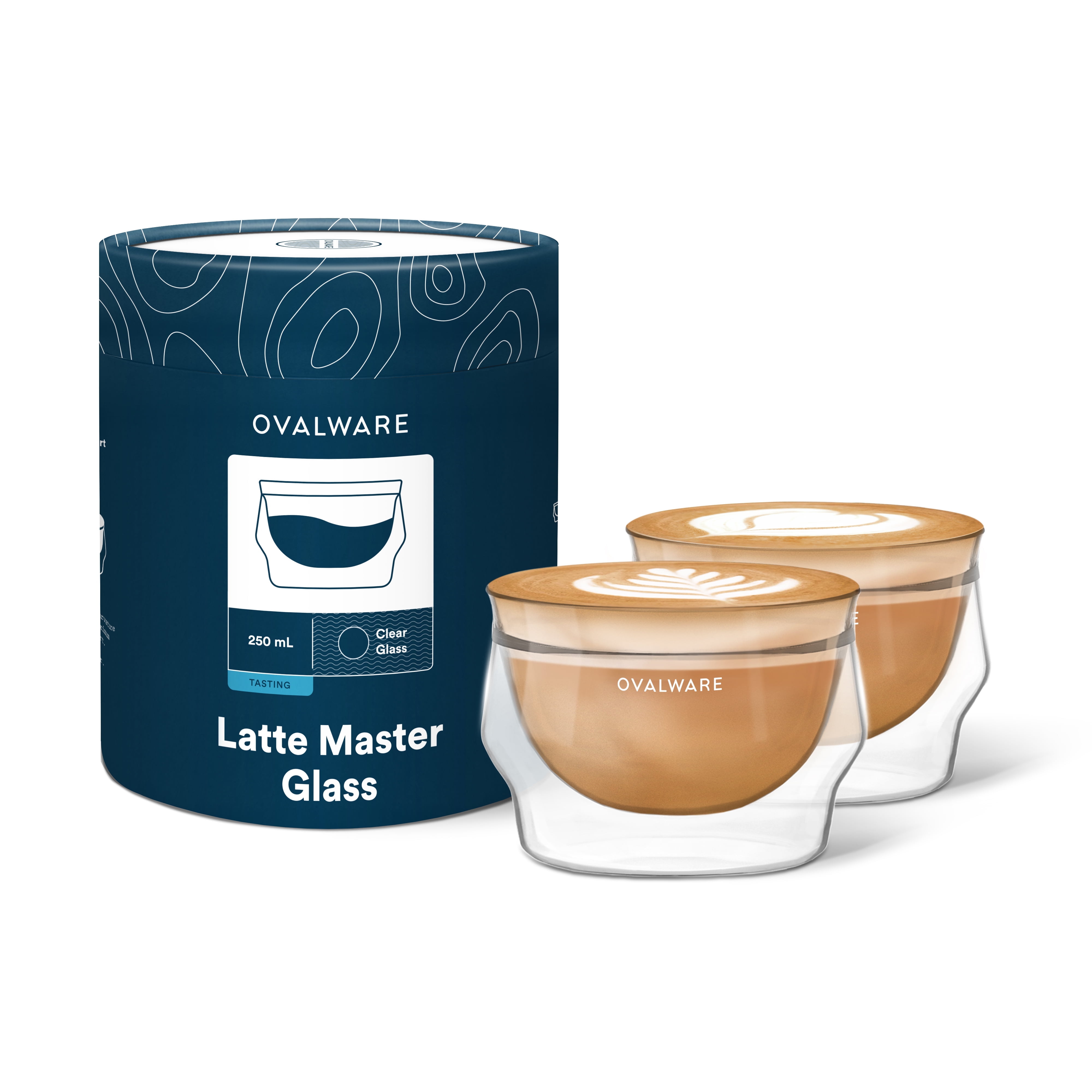OVALWARE 8.5oz Double Wall Latte Cups, Latte Set of 2 - Latte Glasses for Cold & Hot Drink, Palm Sized Latte Glass Cups with Wide Rim for Latte Art - Clear Glass