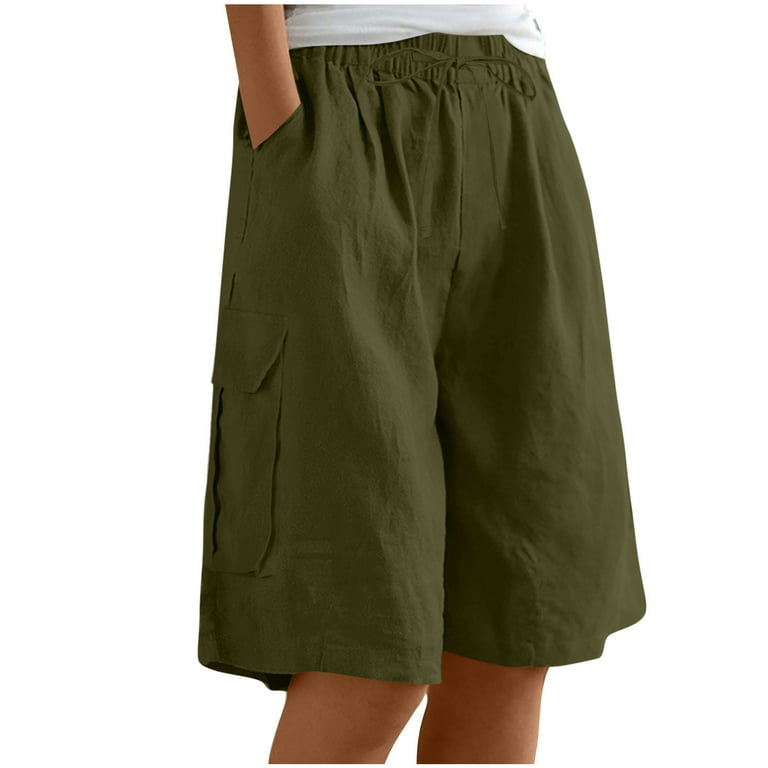 OVARAWU Women's Knee Length Shorts Baggy Wide Leg Linen Shorts