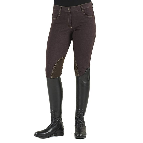 OVATION Adult Female Euro Melange Zip Front Knee Patch Breeches, Color: Brown, Size: 24R (469565BRN-24R)