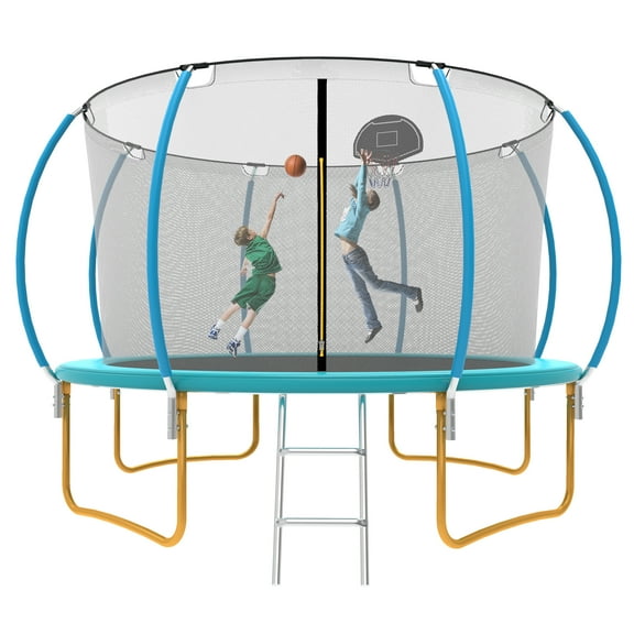 OVATOYS 1200LBS 12FT Trampoline for Adults and Kids,Trampoline with Enclosure,Basketball Hoop, Recreational Trampoline with Ladder, Heavy Duty Trampoline Capacity for 5-6 Kids