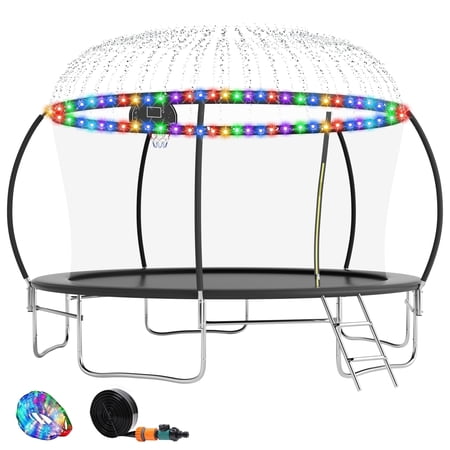 OVATOYS 1400LBS 14FT Trampoline for Adults and Kids,Trampoline with Enclosure,Light,Sprinklers,Basketball Hoop, Recreational Trampoline with Ladder, Heavy Duty Trampoline Capacity for 5-6 Kids