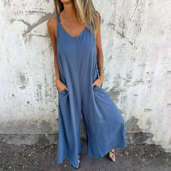 OVBMPZD Blue Jumpsuits for Women Strap Wide Leg Cotton Linen Flowy V Neck Baggy Vacation Jumpsuits Rompers for Women L